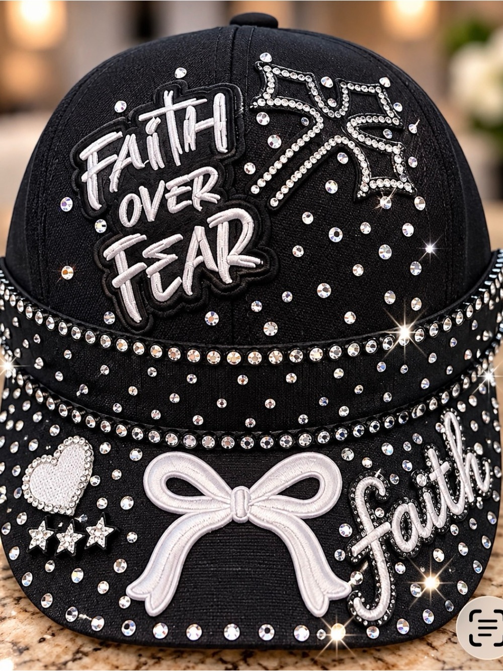 Faith Over Fear Crystal Bling Biker Hat Women’s Black Cap